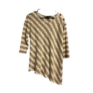 Picadilly Fashions Tan & Gold Asymmetrical Striped Top Size M